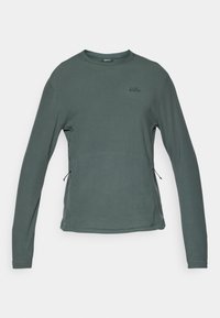 Langärmliger Rundhalsausschnitt Sweatshirt in gedämpftem Grün mit seitlichen Kordelzugdetails und kleinem gesticktem Logo auf der oberen linken Brust.