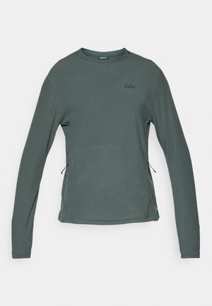 Long-sleeve crewneck sweatshirt in muted green with side seam drawstring details and small embroidered logo on upper left chest.