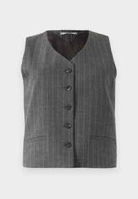 Grå vest med striper i fem svarte knapper og to frontlommer, med V-hals og uten ermer.