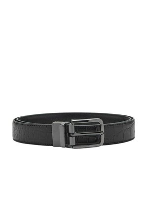 Black leather belt with crocodile texture and silver rectangular metal buckle coiled on a white background.