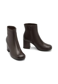 Brown leather ankle boots with a smooth finish, round toe, and a mid-height block heel. Features a side zipper for easy wear.