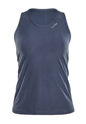 Marineblauw tanktop gemaakt van zachte, lichtgewicht stof. Heeft een ronde halslijn en een subtiele logo op de borst. Gladde textuur, geen patronen.