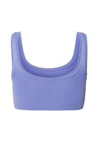 Lila bralette med ett mjukt, stretchigt material. Den har en rundad halsringning och breda axelband för stöd. Slät yta, utan mönster eller spännen.