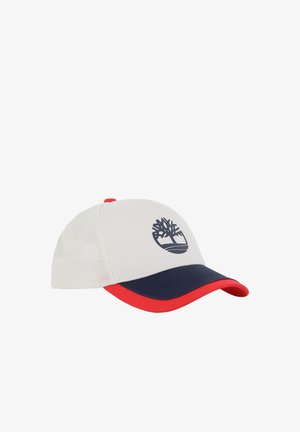 Casquette de baseball avec une partie en maille blanche, des accents rouges et une visière marine. Présente un logo marine à l'avant. Tissu texturé.