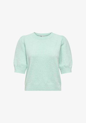 Light green knitted short-sleeve sweater with puffed sleeves, ribbed cuffs, hem, and crew neckline.