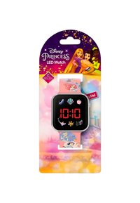 Orologio LED per bambini rosa e bianco con display nero, dotato di grafiche delle Principesse Disney e ora digitale rossa alle 10:10 sulla confezione.