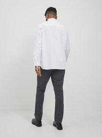 Camisa blanca de botonadura con cuello extendido, combinada con pantalones oscuros en un tono gris y zapatos negros, vista desde atrás sobre un fondo claro.