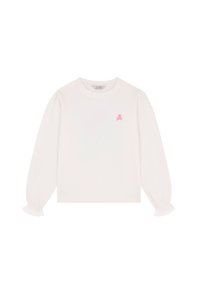 Weißes Sweatshirt aus weichem Stoff, mit Ballonärmeln und gerafften Bündchen sowie einem kleinen pinken Totenkopf-Logo auf der Brust.