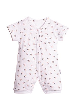 Biały niemowlęcy kombinezon z krótkim rękawem, zapinany na zatrzaski z przodu, ozdobiony małym różowo-pomarańczowym wzorem kwiatowym.