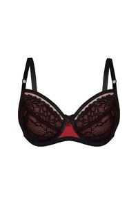 Czarna koronkowa biustonosz z czerwoną siateczką na środku i czarnymi ramiączkami, ozdobiony dekoracyjnym pierścieniem z przodu. Teksturowana koronka i gładki materiał.