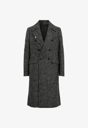 Cappotto lungo doppiopetto in tessuto texturizzato grigio scuro, dotato di due tasche frontali e bottoni neri, con colletto a risvolto e una silhouette elegante.