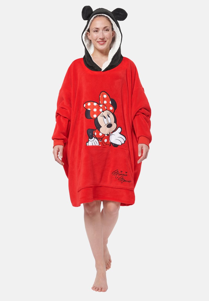 Poncho in pile rosso con orecchie nere sul cappuccio. Presenta una grande grafica di Minnie Mouse e una tasca, foderato in modo morbido e dettagli ricamati.