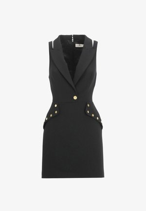 Abito nero senza maniche con una forma aderente, colletto a rever e bottoni d'oro che accentuano la vita. Realizzato in tessuto liscio con zip nascosta.