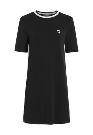 Black short-sleeve dress made of cotton with a round neckline, featuring a white accent stripe and a small embroidered design on the chest.
