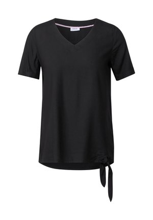 Czarny top z krótkim rękawem, z dekoltem w kształcie litery V, z bocznym wiązaniem i gładką teksturą. Wykonany z lekkiego, miękkiego materiału.