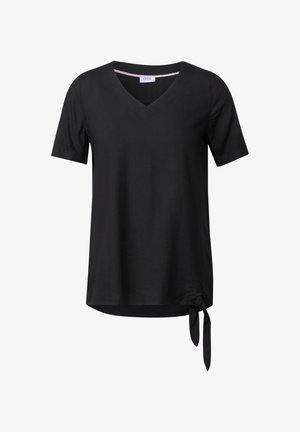 Czarny top z krótkim rękawem, z dekoltem w kształcie litery V, z bocznym wiązaniem i gładką teksturą. Wykonany z lekkiego, miękkiego materiału.