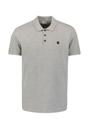 Grijze polo shirt gemaakt van katoen, met een kraag, een placket met drie knopen en een klein zwart zeshoekig logo op de borst. Korte mouwen.