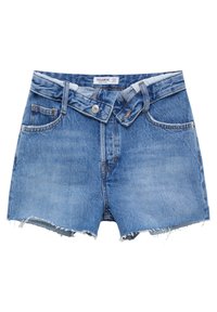 Vaaleansiniset farkkushortsit, joissa on revitty helma, viisi taskua ja edessä nappikiinnitys. Varustettu vyölenkeillä ja hienovaraisella pesukuviolla.