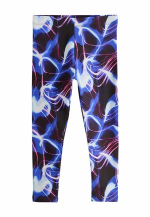Tætsiddende leggings med sort base og abstrakte lyse mønstre i blå, hvid og pink, der snor sig henover stoffet.