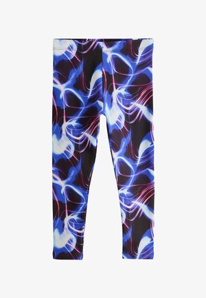 Obcisłe legginsy z czarną bazą i abstrakcyjnymi jasnymi wzorami w kolorze niebieskim, białym i różowym, wijącymi się po materiale.