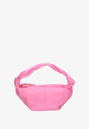 Borsa in pelle rosa con manico annodato, forma arrotondata, texture liscia e chiusura con cerniera. Presenta una cucitura che percorre il corpo.