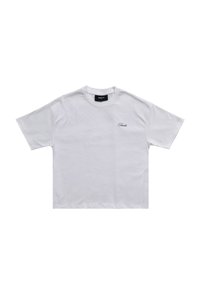 White cotton t-shirt with short sleeves, crew neck, and a small embroidered logo in black on the left chest area. Smooth texture.