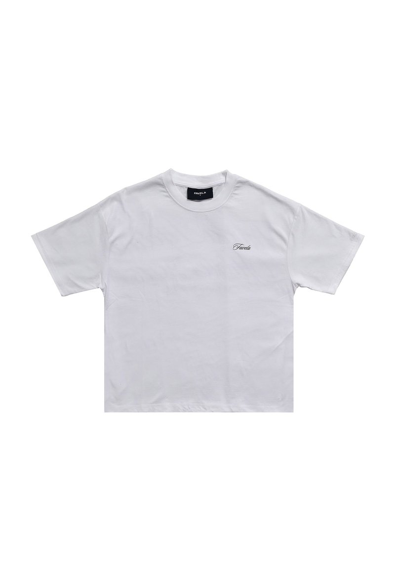 White cotton t-shirt with short sleeves, crew neck, and a small embroidered logo in black on the left chest area. Smooth texture.