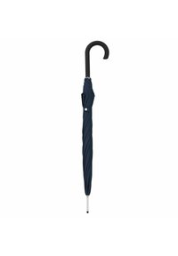 Ombrello blu navy con un design in tessuto intrecciato, manico curvo nero e asta in metallo argentato. Design compatto adatto per l'uso a mano.