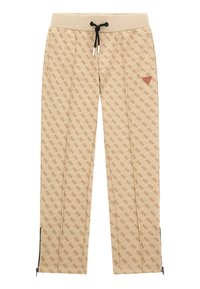 Beige mönstrade sweatpants med en subtil logotyp, elastisk midja, dragsko och ankelblixtlås. Har ett upprepande geometriskt mönster.