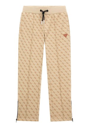 Pantalons de survêtement beige à motif avec un logo discret, taille élastique, cordon de serrage et zips aux chevilles. Présente un design géométrique répétitif.
