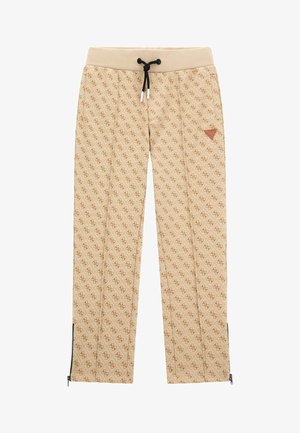 Beige patterned trenirke z nevsiljivim logotipom, elastičnim pasom, vrvico in zadrgami na gležnjih. Značilna je ponavljajoča se geometrijska zasnova.
