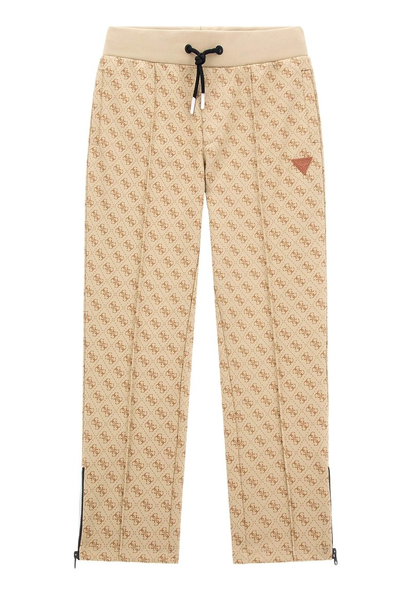 Beige mönstrade sweatpants med en subtil logotyp, elastisk midja, dragsko och ankelblixtlås. Har ett upprepande geometriskt mönster.