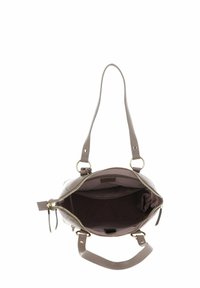 Gray leather handbag with a dual-strap design, gold-tone hardware, and a spacious interior featuring a fabric lining and zipped pocket.