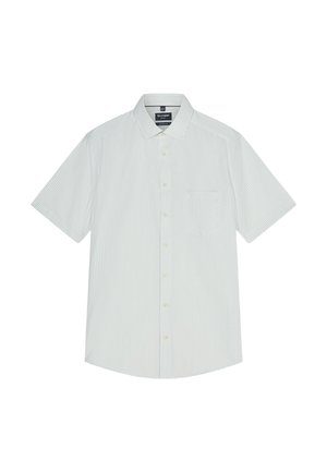 Short-sleeve, slim-fit white dress shirt with thin gray vertical stripes and a chest pocket, featuring a classic collar and front buttons.