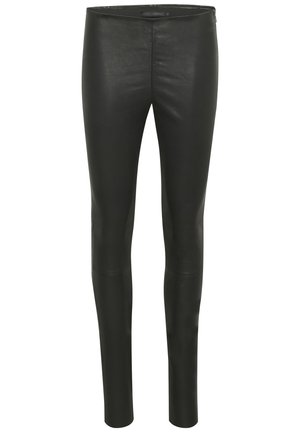 Leggings en cuir noir avec une texture lisse, un design ajusté, taille haute, sans fermetures ni embellissements visibles, offrant une silhouette élégante.
