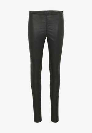 Czarne legginsy skórzane o gładkiej fakturze, dopasowanym kroju, wysokim stanie i bez widocznych zapięć czy ozdób, oferujące elegancki fason.