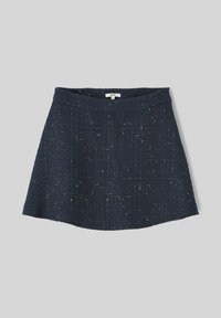 Jupe en tweed bleu marine avec une forme évasée, tissu texturé et paillettes métalliques. Dispose d'une taille et sans fermetures visibles.