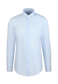 Chemise habillée pour homme à manches longues avec rayures verticales bleu clair et blanches, boutonnée sur le devant, et col italien.