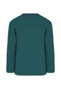 Langärmliges T-Shirt in tiefem Teal, aus weicher Baumwolle gefertigt. Verfügt über einen Rundhalsausschnitt und einen geraden Saum ohne sichtbare Muster oder Akzente.
