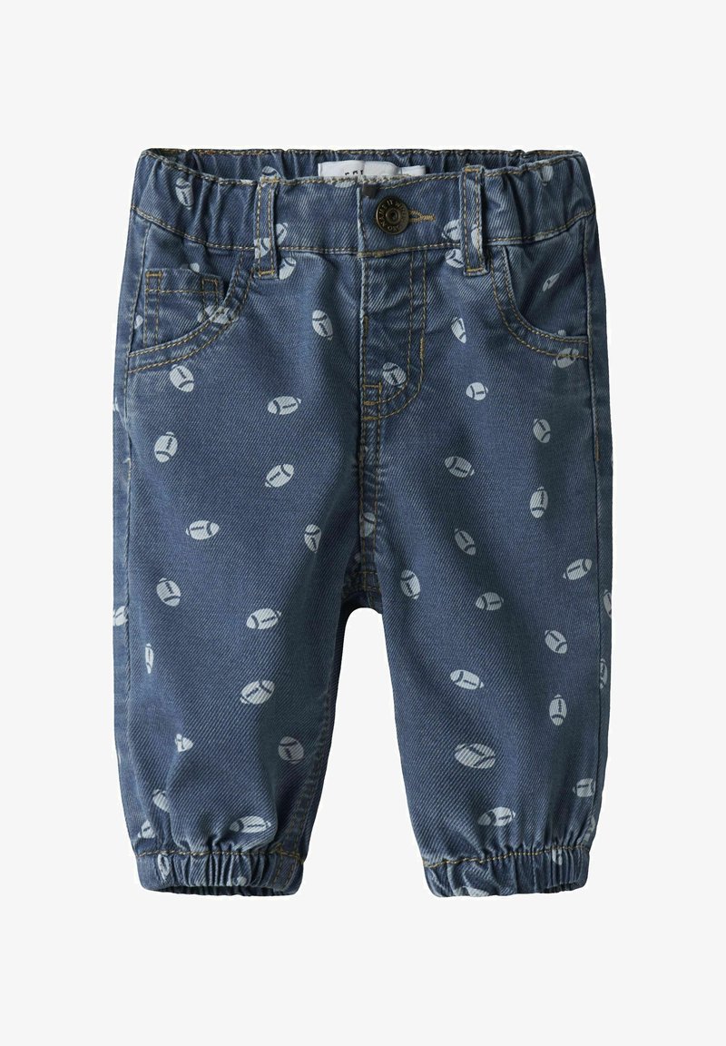 Spodnie dżinsowe z niebieską podstawą, ozdobione powtarzającym się jasnoszarym nadrukiem zaokrąglonych kształtów, z elastycznymi mankietami i klasycznym fasonem z pięcioma kieszeniami.