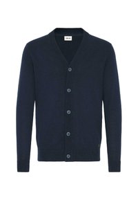 Marinblå cardigan med V-ringning, långa ärmar och sex knappar. Slät textur med ribbad kant vid kragen och ärmsluten.