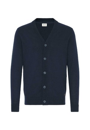Marineblå cardigan med v-hals, lange ærmer og seks knapper. Glat tekstur med ribbet kant ved kraven og manchetterne.