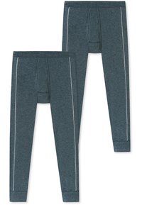 Dunkelgraue Sportleggings aus weichem Stoff, mit schmalem Schnitt, weißen Seitenstreifen und einer horizontalen Naht auf der Vorderseite.