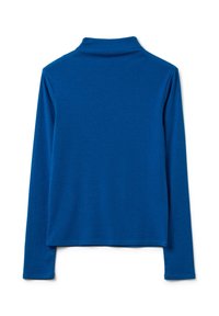 Long-sleeve, mock neck top in vibrant blue fabric. Features a smooth texture and a relaxed fit, with no visible patterns or accents.