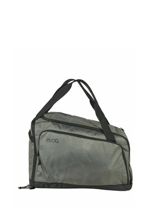 Grey and black EVOC duffel bag with dual shoulder straps and front zippered compartment, shown against a white background.