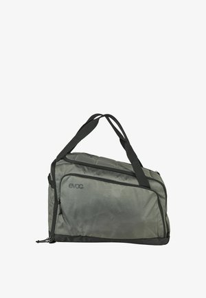 Borsa duffel EVOC grigia e nera con due tracolle e una tasca anteriore con cerniera, mostrata su sfondo bianco.