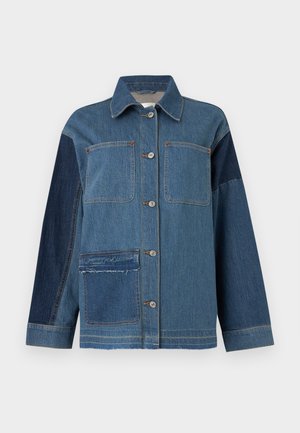 Button-up denim jacket with patch pockets, contrasting dark denim sleeves, and raw hem detail on lower left pocket.