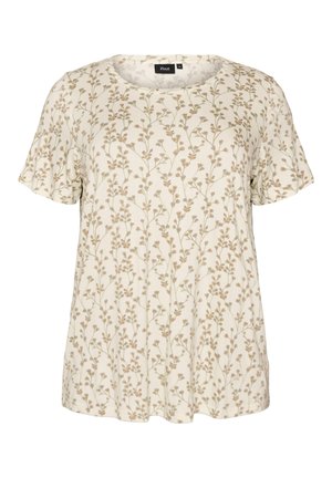 Crèmekleurig dames top met korte mouwen, voorzien van een fijn lichtbruin bloemenrankpatroon en een ronde halslijn.