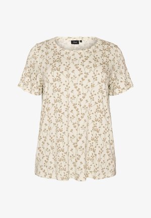 Crèmekleurig dames top met korte mouwen, voorzien van een fijn lichtbruin bloemenrankpatroon en een ronde halslijn.