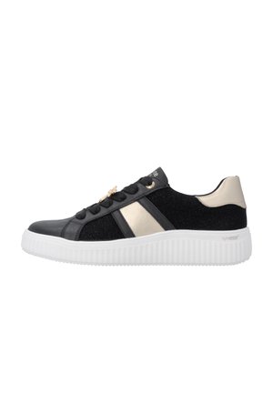 Black and beige low-top sneaker with white ridged sole, black laces, and a side contrast stripe, shown in side profile.